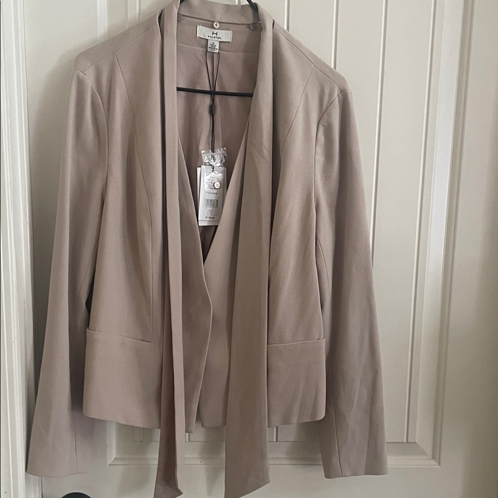 Halston Heritage Neutral Taupe Draped Tie-Neck Blazer